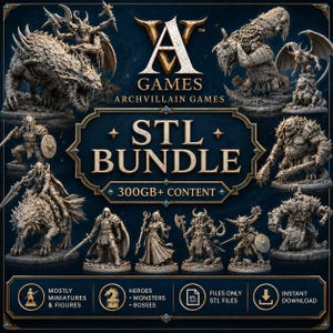 Può includere: Una collezione digitale di miniature fantasy stampabili in 3D con vari eroi, mostri e boss. La grafica include il testo AV GAMES ARCHVILLAIN GAMES STL BUNDLE 300GB+ CONTENT, insieme a icone per figure, eroi, mostri, boss, file STL e download istantaneo.