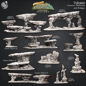 May include: A set of 7 grey and white 3D printed resin volcano platforms and geysers for tabletop gaming. The platforms are designed to look like rocky outcroppings and the geysers are designed to look like erupting volcanoes. The set is labelled "Volcano Geysers, Platforms and Bridges".