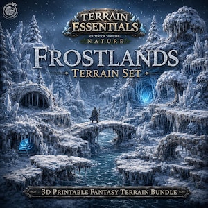 Könnte beinhalten: Ein 3D-druckbares Fantasy-Gelände-Set mit dem Titel Terrain Essentials Outdoor Volume Nature Frostlands Terrain Set. Das Bild zeigt eine verschneite, eisige Landschaft mit Steinbrücken, gefrorenen Höhlen mit blau leuchtenden Innenräumen.