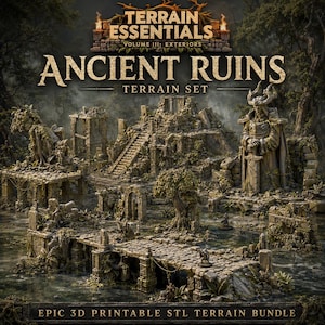 Puede incluir: Set de terreno Ancient Ruins de Terrain Essentials Volume III: Exteriors, un paquete épico de terreno STL imprimible en 3D que presenta ruinas de piedra, un puente y una gran estatua en un entorno forestal con superposiciones de texto.