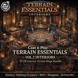 May include: A digital collection of 3D printable fantasy tabletop scenery titled Terrain Essentials Interiors Vol. 2. The image displays a detailed stone chamber with a central circular platform, various furniture, and glowing blue magical accents.