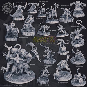 May include: A selection of 3D-printed miniature figures from the "Sewers of Thumarya" collection, showcasing fantasy creatures and characters. The figures are in shades of grey and are presented against a dark backdrop. The text "DECEMBER 2020" is visible.