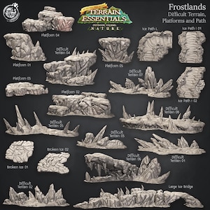 May include: A set of 14 miniature terrain pieces for tabletop games, featuring icy platforms, paths, and bridges. The pieces are made of a light grey material and have a realistic, textured surface.