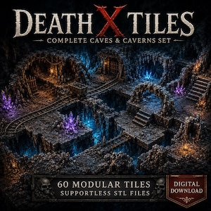Könnte beinhalten: Ein digitales Download-Set mit dem Titel DEATH X TILES COMPLETE CAVES & CAVERNS SET, das 60 modulare Kacheln als stützfreie STL-Dateien enthält. Das Bild zeigt ein dunkles, felsiges Höhlensystem mit Minenschienen, Steinbögen und Kristallen.