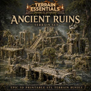 May include: A 3D printable terrain set titled Terrain Essentials Volume III: Exteriors Ancient Ruins Terrain Set. The collection features stone ruins, a bridge, and a large statue, all overgrown with vegetation in a forest setting.