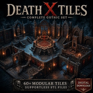 Op de afbeelding: Een digitale set van 60+ modulaire gotische tegels getiteld DEATH X TILES COMPLETE GOTHIC SET. De afbeelding toont een donker, steenachtig kerkerinterieur met boogdeuren, trappen, een centraal verhoogd platform en gloeiende oranje kaarsen.