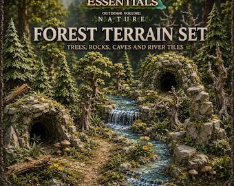 May include: A forest terrain set featuring trees, rocks, caves, and river tiles. The text reads: Terrain Essentials, Outdoor Volume: Nature, Forest Terrain Set, Trees, Rocks, Caves and River Tiles, Modular Forest Terrain, RPG & Tabletop Ready, 3D Printable STL Files.