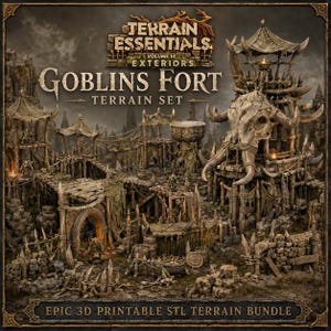 Könnte beinhalten: Ein Goblins Fort Geländeset mit einer Sammlung von 3D-druckbaren Strukturen, darunter ein großer, mit einem Schädel verzierter Turm, Holzpalisaden, Seilbrücken und kleine Goblin-Figuren. Das Set ist als Terrain Essentials Volume III Exteriors beschriftet.
