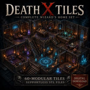 May include: A digital set of 60+ modular tiles titled DEATH X TILES COMPLETE WIZARD'S HOME SET. The image displays a multi-level stone structure with dark walls, glowing blue crystals, magical symbols, bookshelves, and furniture for tabletop gaming.