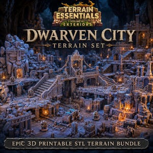 May include: A 3D printable terrain set titled Terrain Essentials Volume III: Exteriors Dwarven City Terrain Set. The scene features gray stone structures, staircases, bridges, and small figures, with warm orange light glowing from within the buildings.