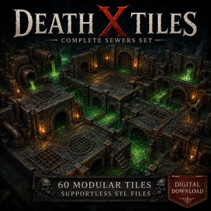 Könnte beinhalten: Ein Set aus 60 modularen Kacheln für Tabletop-Spiele mit dem Titel Death X Tiles Complete Sewers Set. Der digitale Download zeigt dunkle Kanalisationsstrukturen aus Stein mit Torbögen, Metallgittern und leuchtend grüner Flüssigkeit.