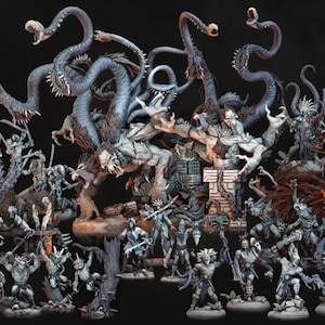 Puede incluir: Colección de miniaturas de fantasía, que incluye criaturas monstruosas con tentáculos y múltiples ojos, y figuras con armas. Las figuras son en tonos grises y azules, con un fondo oscuro. La imagen incluye el texto "Come Demons Volume III."