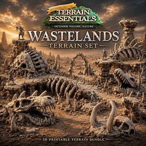 May include: A 3D printable terrain bundle titled Terrain Essentials Outdoor Volume Nature Wastelands Terrain Set. The set features rocky, desert-like landscape pieces including large fossilised skulls, skeletal rib cages, and stone arches.
