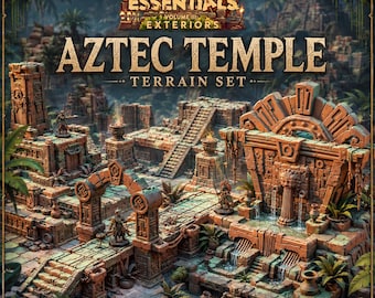 May include: A 3D printable terrain set titled Terrain Essentials Volume III Exteriors Aztec Temple. The set features miniature stone structures, stairs, arches, and water features with intricate carvings, accompanied by small warrior figurines.