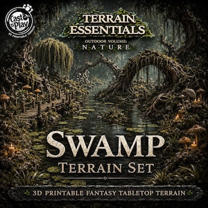 Peut inclure: Un ensemble de terrain fantastique imprimable en 3D intitulé Terrain Essentials Outdoor Volume Nature Swamp Terrain Set. L'image montre une scène de marais sombre et moussue avec un pont en bois, des arbres tordus, des champignons et des bougies.
