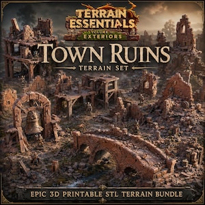 May include: A 3D printable terrain set titled Terrain Essentials Volume III: Exteriors Town Ruins Terrain Set Epic 3D Printable STL Terrain Bundle. The set features miniature stone ruins, a stone bridge, and a bell structure with brown tones.