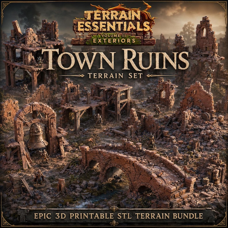 May include: A 3D printable terrain set titled Terrain Essentials Volume III: Exteriors Town Ruins Terrain Set Epic 3D Printable STL Terrain Bundle. The set features miniature stone ruins, a stone bridge, and a bell structure with brown tones.