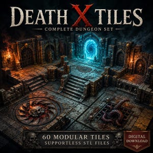 May include: A digital set of 60 modular dungeon tiles titled DEATH X TILES COMPLETE DUNGEON SET. The image displays stone floor tiles, walls with skull carvings, a glowing blue portal, a circular floor trap with a skull, and a tentacle grate.