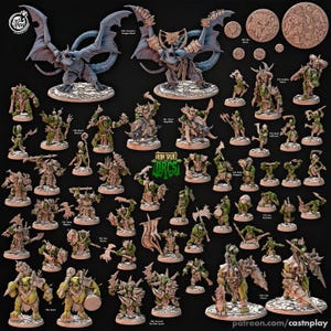 May include: A collection of miniature fantasy figures, including orcs, dragons, and other creatures. The figures are in various poses and sizes, with detailed sculpting and painting. The text "Iron Skull Orcs" is visible.
