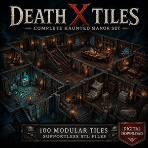 Könnte beinhalten: Ein digitales Set aus 100 modularen Kacheln mit dem Titel DEATH X TILES COMPLETE HAUNTED MANOR SET. Das Bild zeigt eine isometrische Ansicht eines dunklen Herrenhaus-Interieurs mit mehreren Räumen, Steinwänden, leuchtend blauen Kreisen.