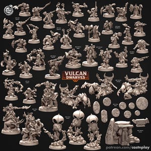 May include: A selection of unpainted miniature figurines of Vulcan Dwarves. The figurines are in various poses, some holding weapons. The image includes the text "Vulcan Dwarves" and the website address "patreon.com/castnplay".