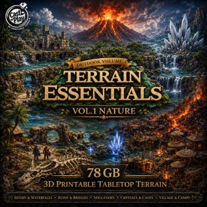 Op de afbeelding: Digitale illustratie voor 3D-printbaar tabletop terrein. De afbeelding toont een vulkanisch landschap met watervallen, ruïnes en kristallen. Tekst bevat "Outdoor Volume Terrain Essentials Vol. 1 Nature" en "78 GB 3D Printable Tabletop Terrain."