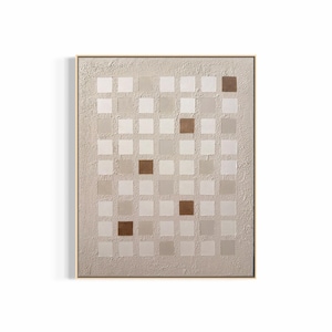 K&ouml;nnte beinhalten: Abstrakte Wandkunst mit einem Raster aus Quadraten in verschiedenen Beige- und Braunt&ouml;nen. Die Quadrate sind auf einem strukturierten, hellbeigen Hintergrund angeordnet und in einem goldfarbenen Rahmen eingefasst. Das Kunstwerk hat eine moderne, minimalistische &Auml;sthetik.