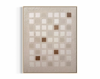 Peut inclure: Tableau abstrait avec une grille de carrés aux tons beiges et bruns. Les carrés sont disposés sur un fond texturé beige clair, encadrés d'une bordure dorée. L'œuvre d'art a une esthétique moderne et minimaliste.