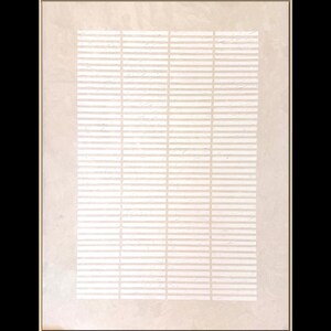 May include: Abstract art print in a gold frame. The artwork features a textured, off-white background with a grid of horizontal lines in a lighter shade of off-white. The overall aesthetic is minimalist and modern.