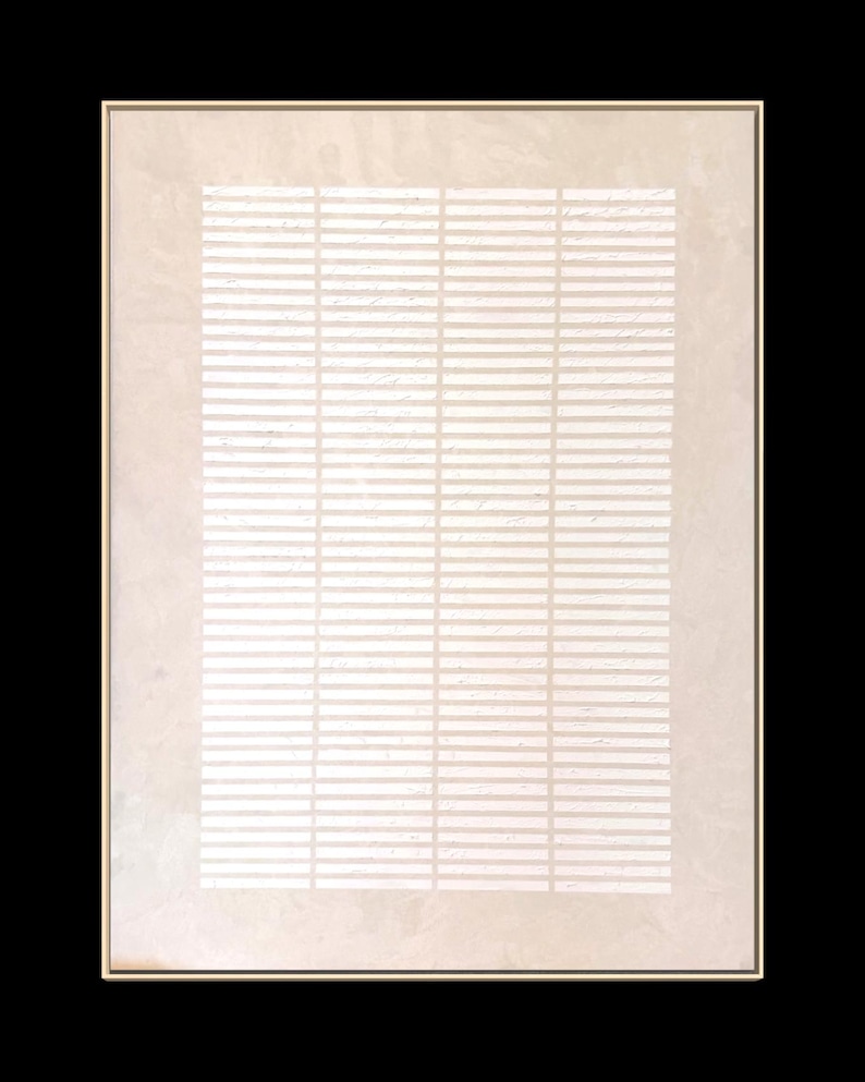 May include: Abstract art print in a gold frame. The artwork features a textured, off-white background with a grid of horizontal lines in a lighter shade of off-white. The overall aesthetic is minimalist and modern.
