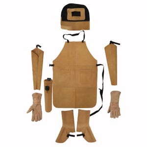 May include: A tan leather welding set with an apron, sleeves, gloves, and a head covering.