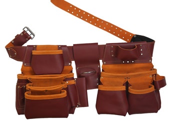 May include: A brown leather tool belt with multiple pockets and a hammer holder. The belt has a brown leather strap with a buckle.