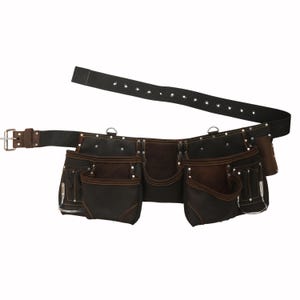 Werkzeuggürtel/Beutel aus geöltem Leder mit mehreren Taschen, verstellbarer Gürtel, für Schreiner, Elektriker, Framer Brown