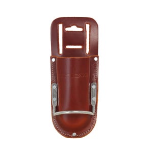 May include: A brown leather tool holder with a metal loop and rivets. The holder has a vertical pocket and two slots at the top for belt attachment. The text "ITES BROWN" is visible on the front.