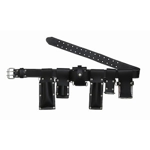 May include: A black leather tool belt with multiple pockets and loops for carrying tools. The belt has a buckle and is adjustable.