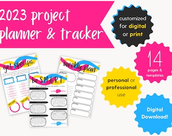 May include: A digital download of a 2023 project planner and tracker with 14 pages and templates. The planner includes sections for getting specific, being SMART, and weekly planning. The planner is customizable for digital or print use and is suitable for personal or professional use.