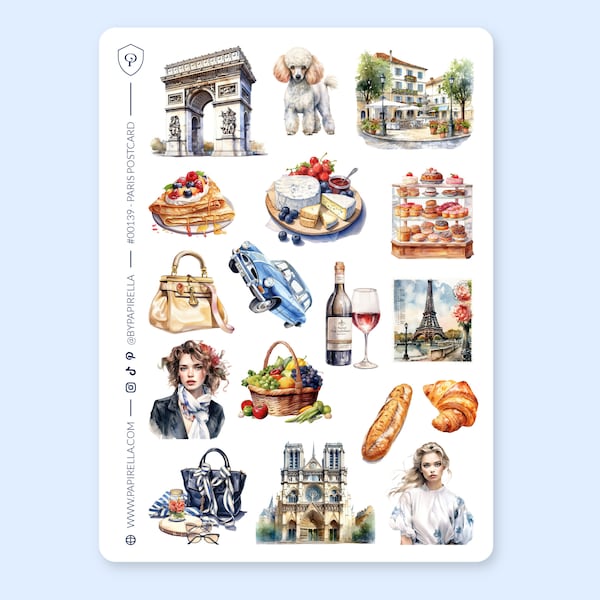 PARIS POSTCARD Sticker Sheet / Bujo Stickers, Planner Stickers, Aesthetic Stickers, Paris Stickers, French Stickers, Travel Stickers, Europe