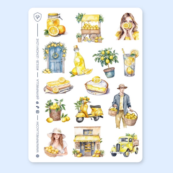 LEMONY LOVE Sticker Sheet / Bujo Stickers, Planner Stickers, Aesthetic Stickers, Summer Stickers, Lemon Stickers, Food Stickers