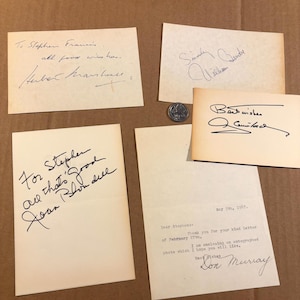 May include: Four handwritten notes with signatures from Joan, Don Murray, Herbert Marshall, and William B. The notes are on white paper with black ink. The notes express well wishes to Stephen Francis.