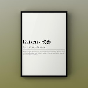 Może przedstawiać: Oprawiony wydruk z napisem "Kaizen" w dużym, pogrubionym tekście, wraz z japońskimi znakami. Poniżej znajduje się definicja Kaizen, opisująca ciągłe doskonalenie i pozytywne zmiany.