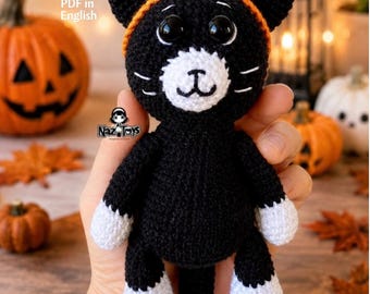 Witch Cat Crochet Pattern PDF, Black Cat Amigurumi Pattern, Halloween Crochet Tutorial, Cute Witch Cat, Digital Download