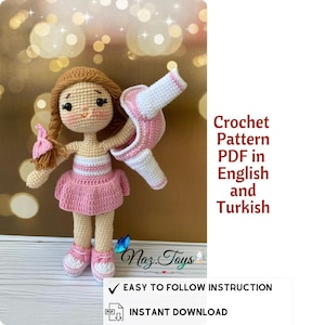 May include: Crochet pattern PDF in English and Turkish for a pink and white crocheted doll with brown hair and a pink dress. The PDF includes easy to follow instructions and is available for instant download.