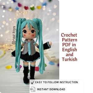 Crochet Hatsune Miku, Miku Doll, Amigurumi Hatsune Miku Pattern,  Hatsune Miku Pattern, Vocalid Miku Doll, Anime Doll, Crochet Doll,