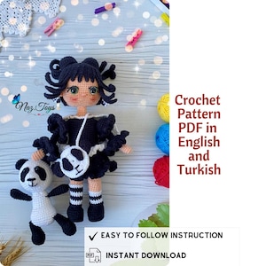 May include: Crochet pattern PDF in English and Turkish for a black and white doll with a panda bear. The doll has black hair, a black dress, and white and black striped stockings. The pattern includes easy to follow instructions and an instant download.