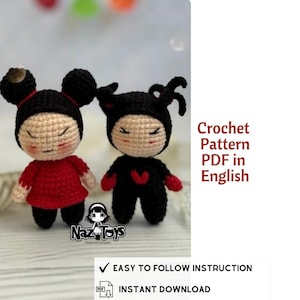 May include: Crochet pattern PDF in English for two amigurumi dolls. The dolls are black and red with black hair and red cheeks. The text "EASY TO FOLLOW INSTRUCTION" and "INSTANT DOWNLOAD" is visible at the bottom of the image.