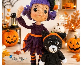 Könnte beinhalten: Eine Häkelpuppe mit violettem Haar, bekleidet mit einem dunkelvioletten Hexenkleid und orange gestreiften Strümpfen, begleitet von einer kleinen schwarzen Katze mit weißen Pfoten und orangefarbenem Stirnband. Text: 2 In 1 PATTERN und Crochet Pattern PDF in English.