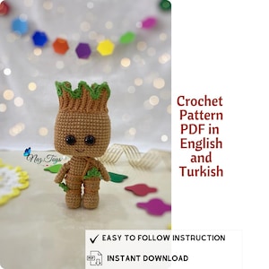 Puede incluir: Patrón de crochet en PDF en inglés y turco para un personaje amigurumi Groot marrón y verde. El patrón incluye instrucciones fáciles de seguir y está disponible para descarga instantánea.