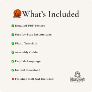 May include: A digital information graphic titled What's Included featuring an orange yarn ball icon. It lists a detailed PDF pattern, step-by-step instructions, photo tutorials, assembly guide, English language, and instant download with green checkmarks.