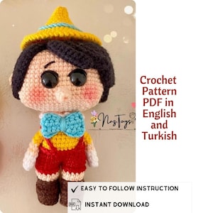 May include: Crocheted amigurumi doll of a boy with a yellow hat, blue bow tie, and red overalls. The doll is made with yarn in various colours. The image includes the text "Crochet Pattern PDF in English and Turkish" and "EASY TO FOLLOW INSTRUCTION" and "INSTANT DOWNLOAD".