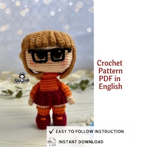 May include: Crochet pattern PDF in English for a cartoon character with brown hair, glasses, and an orange and burgundy outfit. The text "EASY TO FOLLOW INSTRUCTION" and "INSTANT DOWNLOAD" are also visible.
